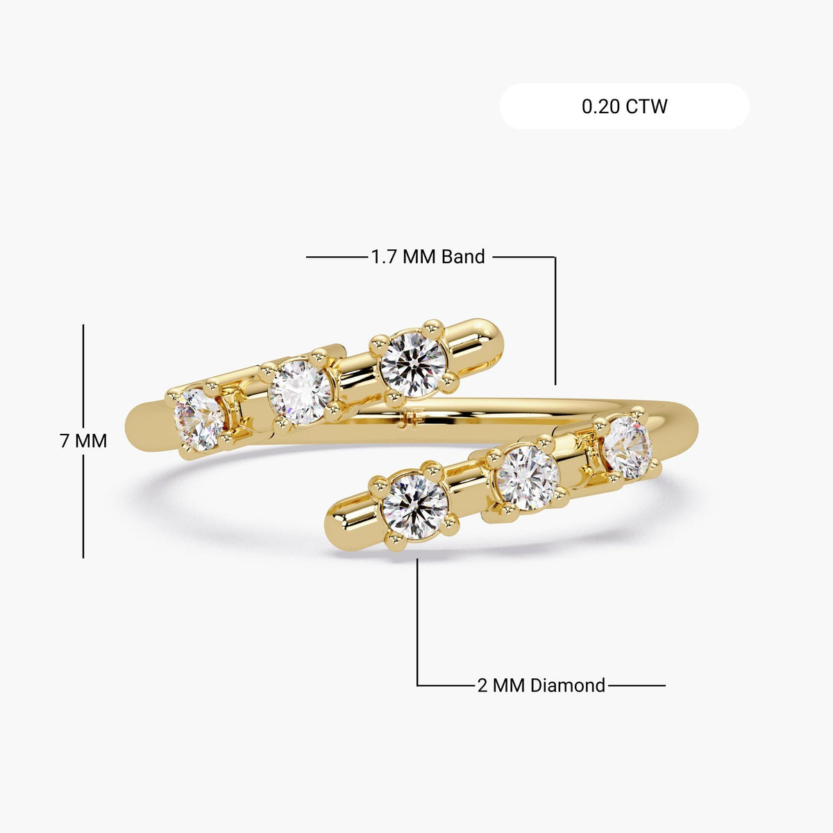 14K gold open diamond wrap ring with labeled dimensions — 0.20 CTW lab-grown diamonds, 2mm stones, 1.7mm band thickness, and 7mm height — showcasing its double row floating design ideal for pinky or everyday wear.