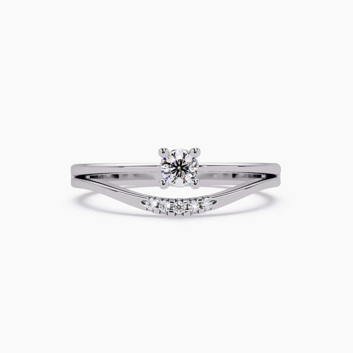 14K white gold natural diamond chevron ring with a 0.15 carat round solitaire and five pavé accent diamonds along the curved band, elegant minimalist promise ring.