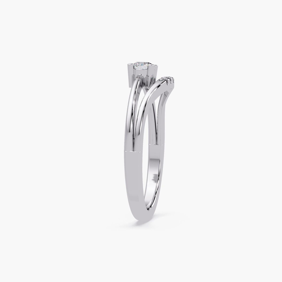 14K white gold natural diamond chevron ring showing the elevated 0.15 carat round solitaire in four prongs with slim curved band design.