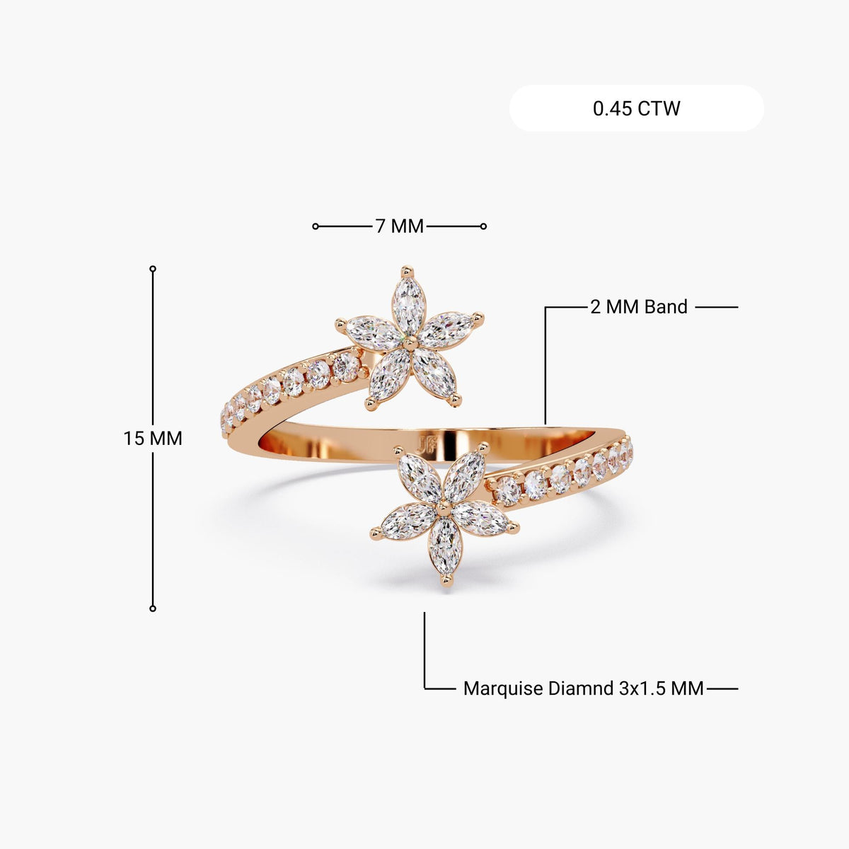 14K rose gold floral diamond bypass ring with two marquise-cut blossoms, pavé band, and dimensions labeled: 15 mm span, 7 mm flowers, 2 mm band, 0.45 CTW.