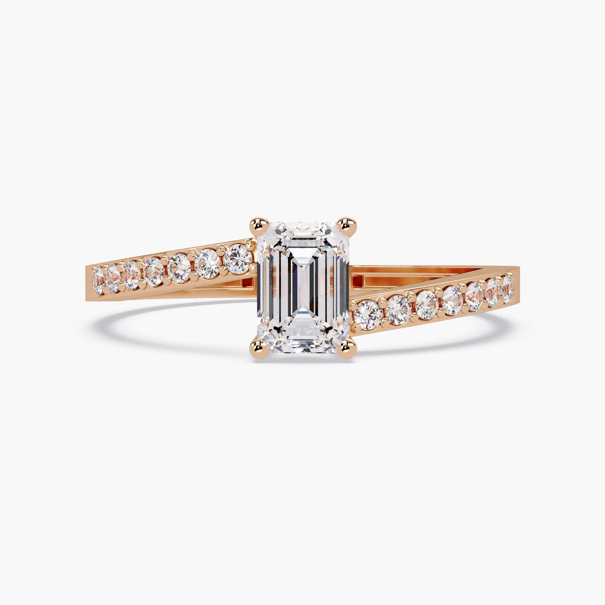 Emerald cut diamond engagement ring in 14K rose gold, 0.50 ct solitaire center stone with pavé band, dainty proposal ring gift for wife.