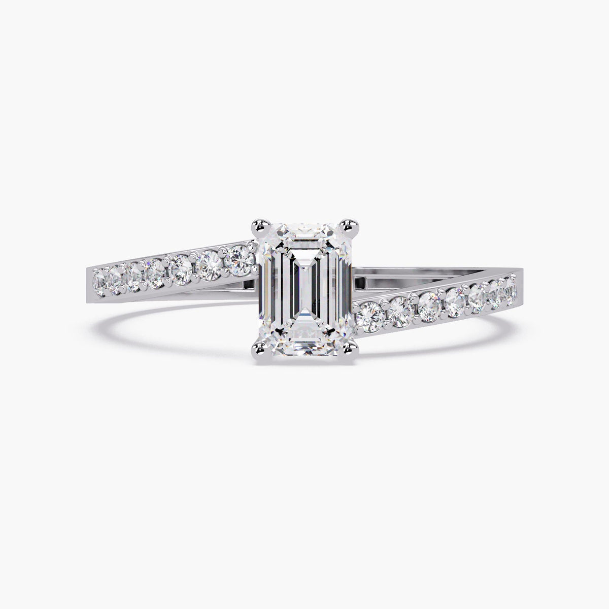 0.50 ct emerald cut diamond solitaire engagement ring in 14K white gold with pavé diamond band and four prong setting, classic bridal ring.”