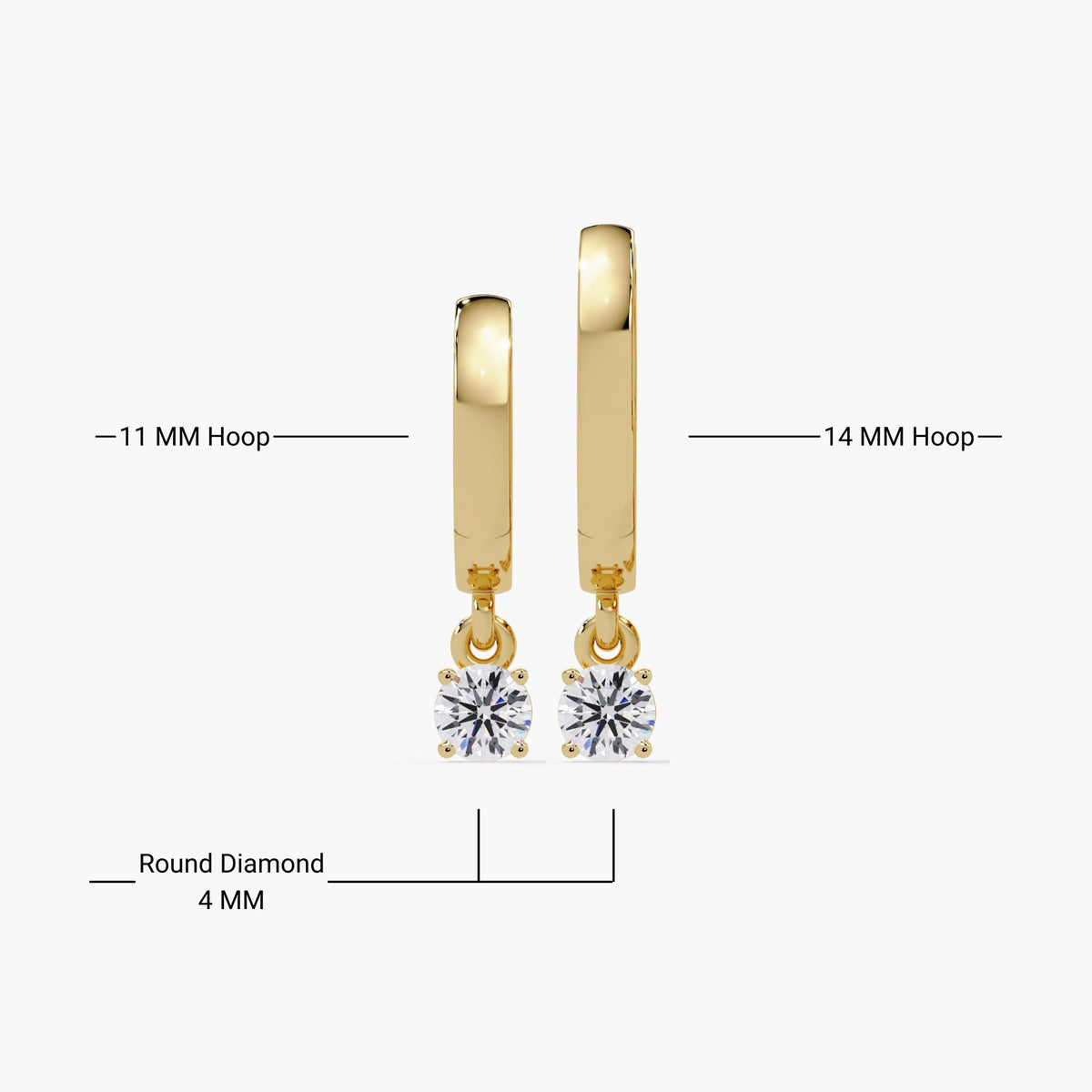 14K yellow gold huggie hoop earrings with round 4mm lab-grown diamond drops in four-prong settings. Left hoop is 11mm and right hoop is 14mm