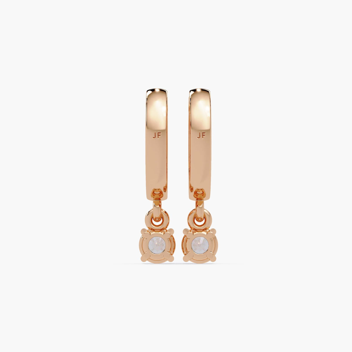 14K rose gold huggie hoop earrings with round lab-grown diamond drops in four-prong settings