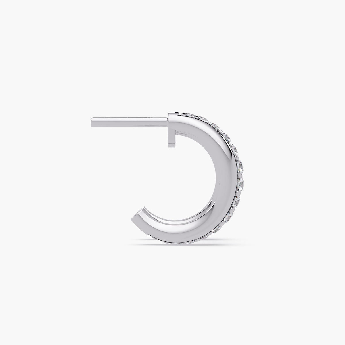14K white gold dome huggie earring with natural round diamonds in channel setting, showing post back closure and curved half hoop design.