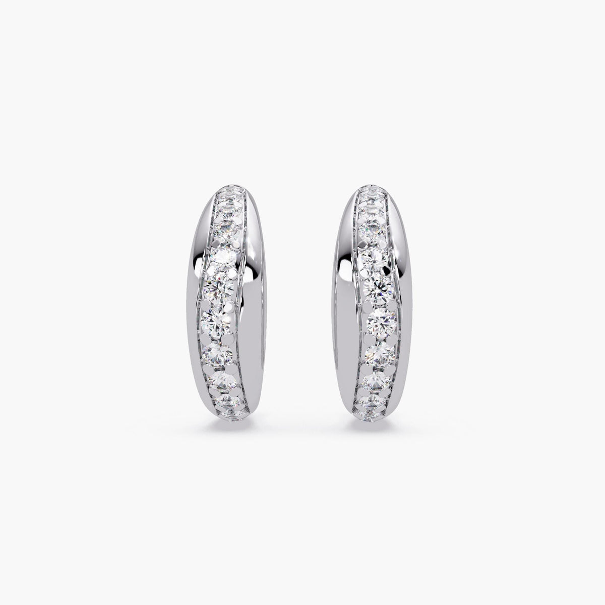 14K white gold dome huggie earrings with natural round diamonds in a channel set design, mini stud hoop style, fine jewelry gift for women.
