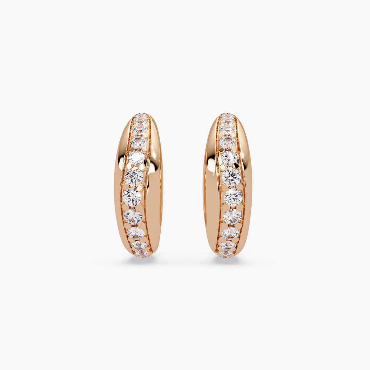 14K rose gold dome huggie earrings with natural round diamonds in channel setting, mini stud hoop style, fine jewelry gift for her.
