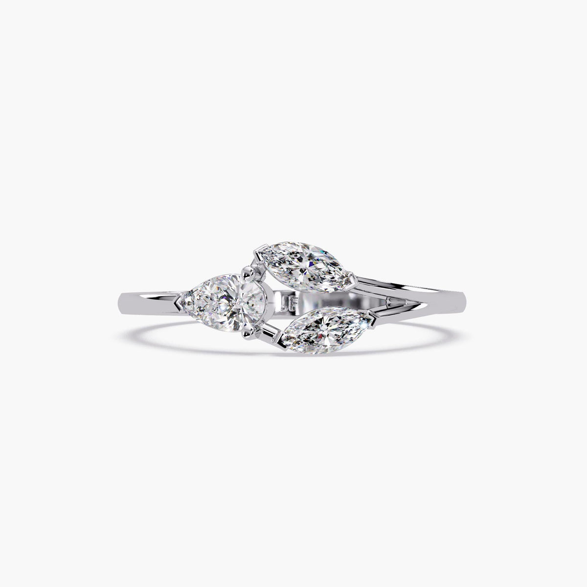 14K white gold ring featuring a trio of lab-grown diamonds — one pear-cut and two marquise-cut — in a floral-inspired open setting with split shank. Total carat weight 0.35ct. Modern minimalist diamond band designed for everyday wear or gifting.