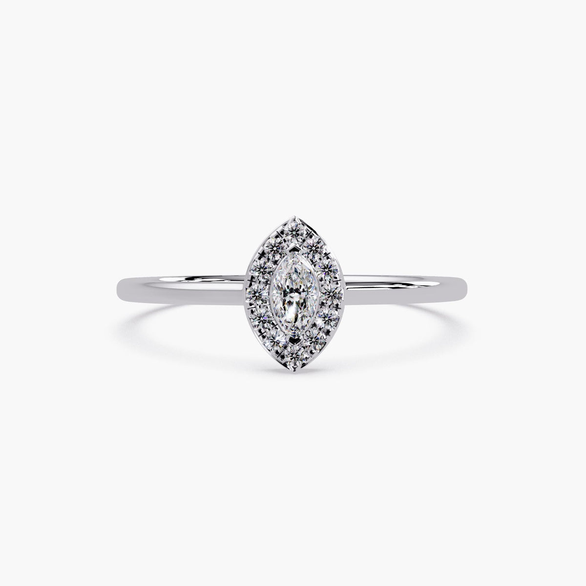 Navette-shaped marquise halo ring in 14K white gold with lab-grown diamonds, dainty minimalist pinky or stacking ring design