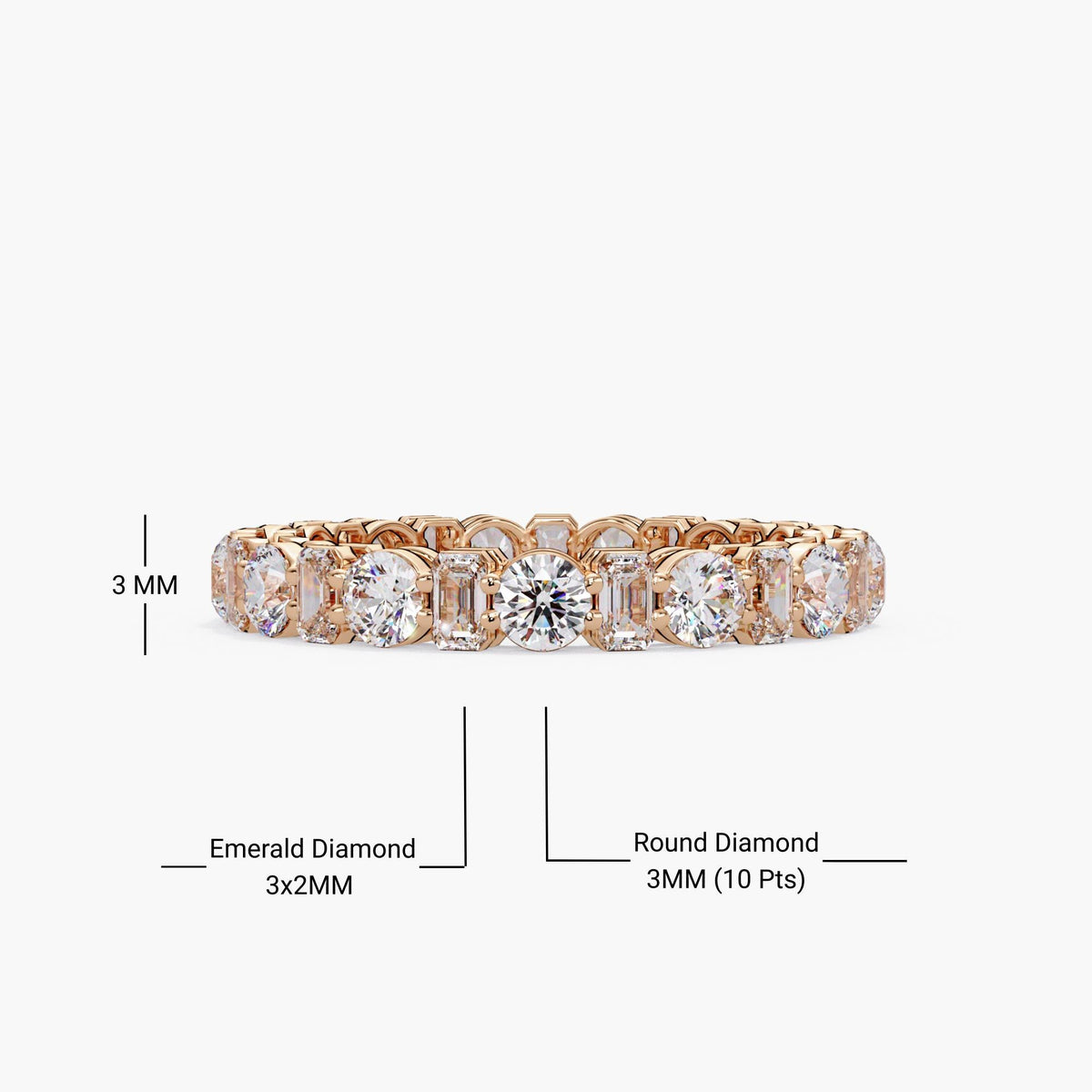 Diamond sizes in rose gold eternity band featuring 3mm round cut and 3x2mm emerald cut lab-grown diamonds; perfect for those seeking bold brilliance, uniform structure, and precise craftsmanship.