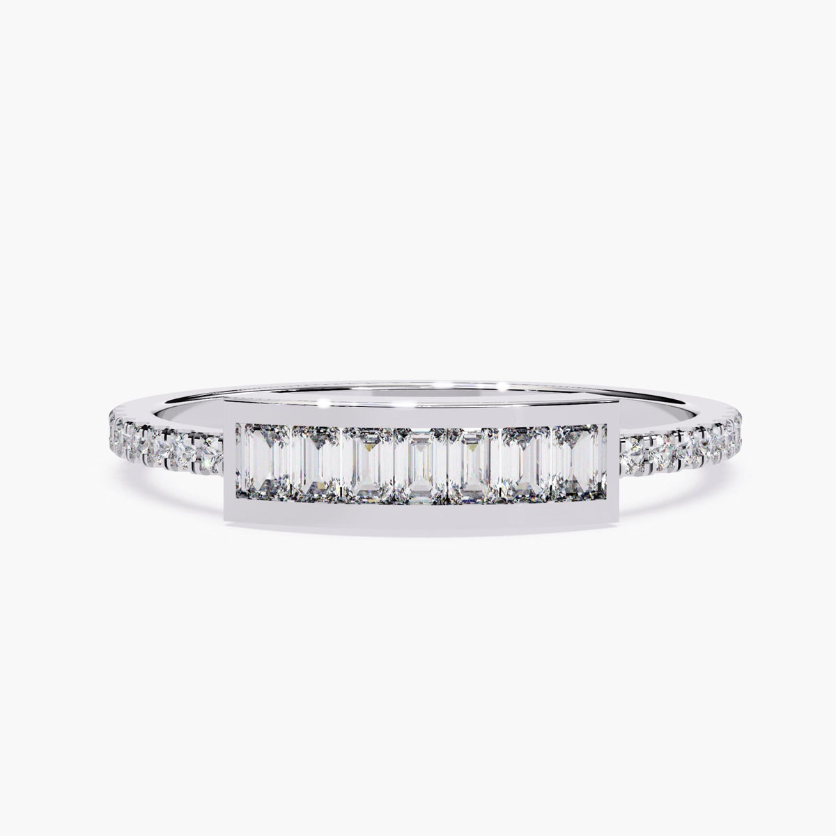 14K white gold diamond ring featuring a rectangular horizontal bar with baguette-cut diamonds set in a channel setting, flanked by a pavé diamond band on both sides.