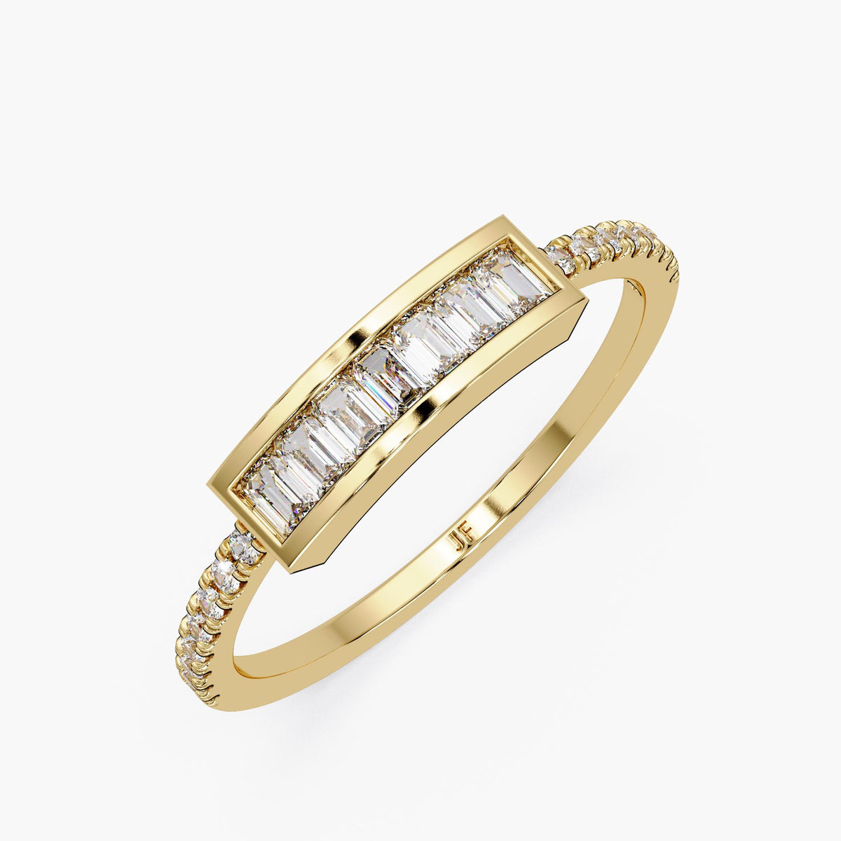 14K gold diamond ring with baguette bar channel setting and pavé band