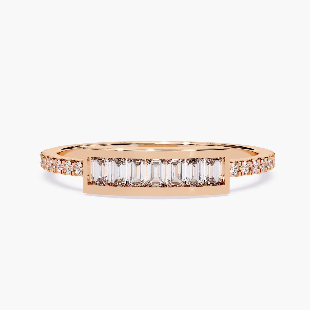 14K rose gold bar ring featuring a horizontal row of baguette-cut lab-grown diamonds in a secure channel setting, flanked by pavé-set round diamonds on a slim 1.3mm band. Modern and structured design with a 3.5mm height.