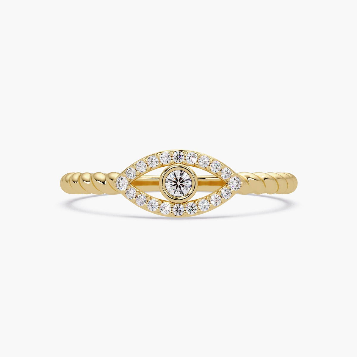 14K yellow gold evil eye ring with natural diamond center and diamond halo on twisted band
