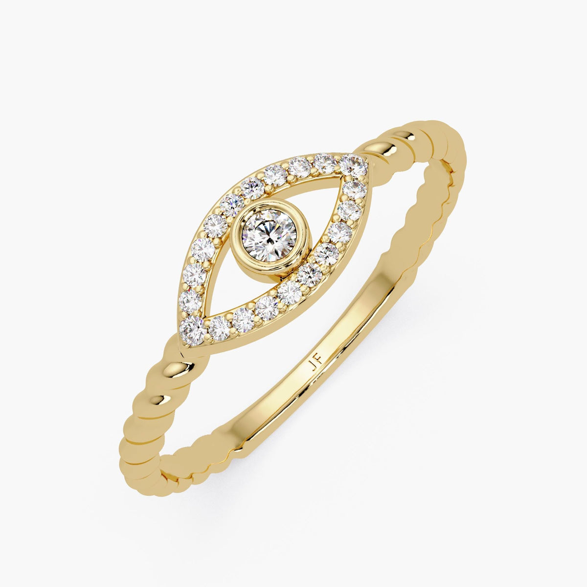 Twisted band evil eye ring in 14K gold with bezel-set diamond center and pavé diamond halo