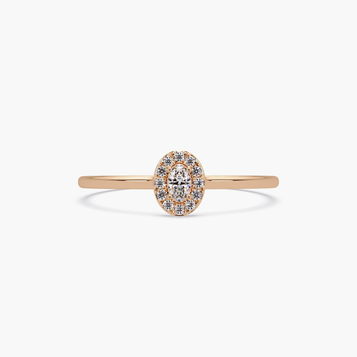 Dainty oval halo diamond ring in 14K rose gold with lab-grown diamonds, delicate promise or stacking ring with slim gold band