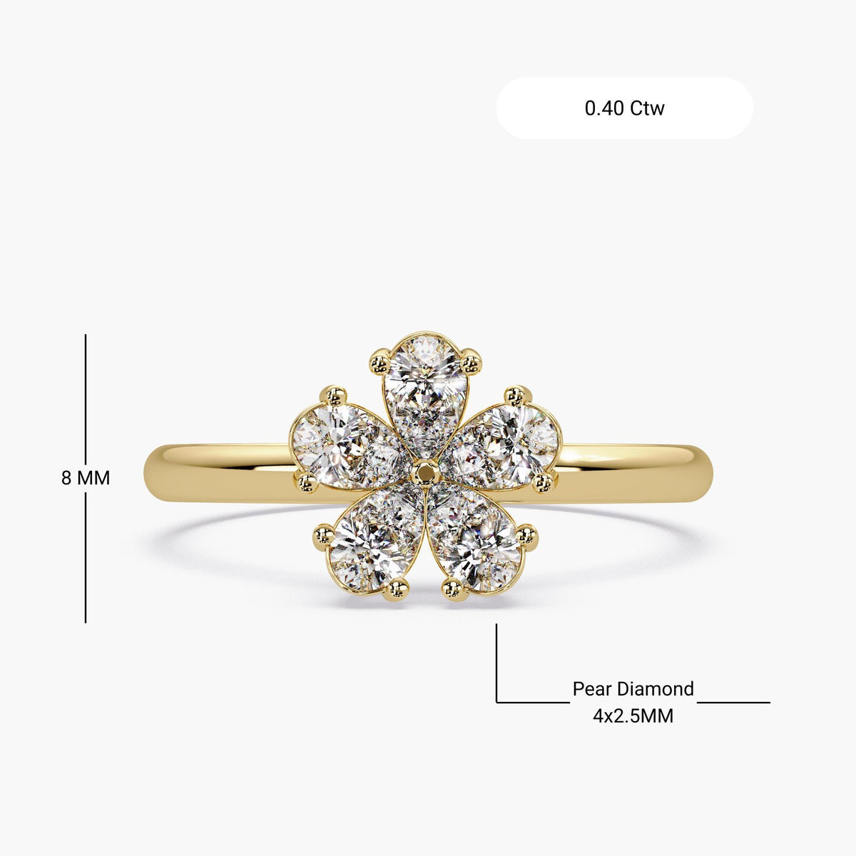 Diamond flower ring in 14K gold with pear cut stones, 8mm face size, 0.40 ctw