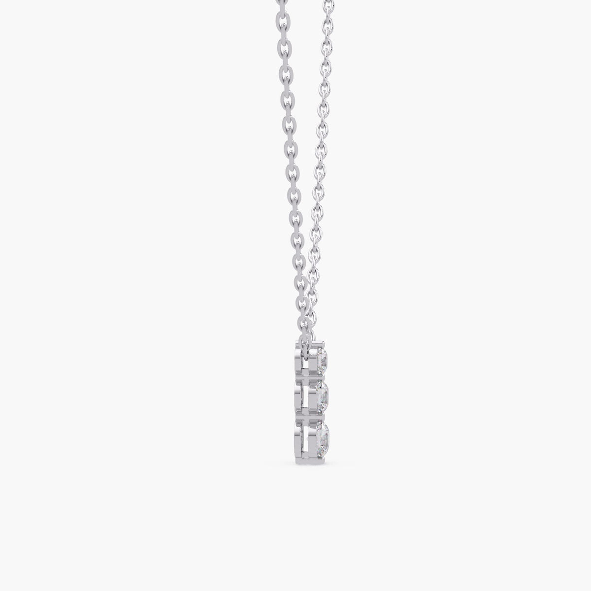 14K white gold pendant necklace featuring three round lab-grown diamonds in a sleek open-back collet setting