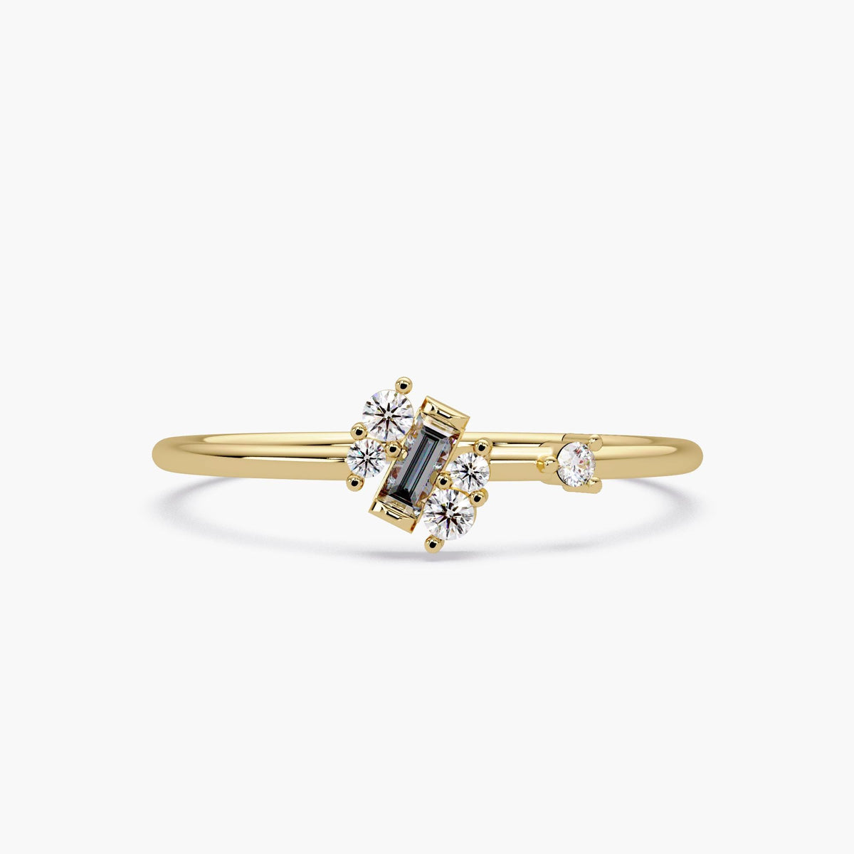 14k gold asymmetric cluster ring with baguette and round lab grown diamonds