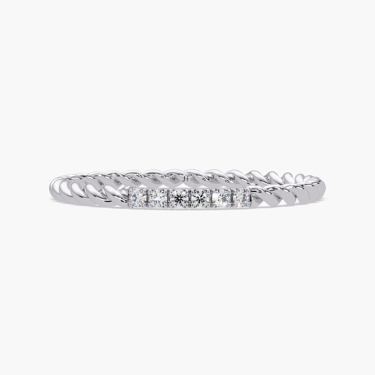 14k white gold twisted rope diamond ring with six natural diamonds in pavé setting