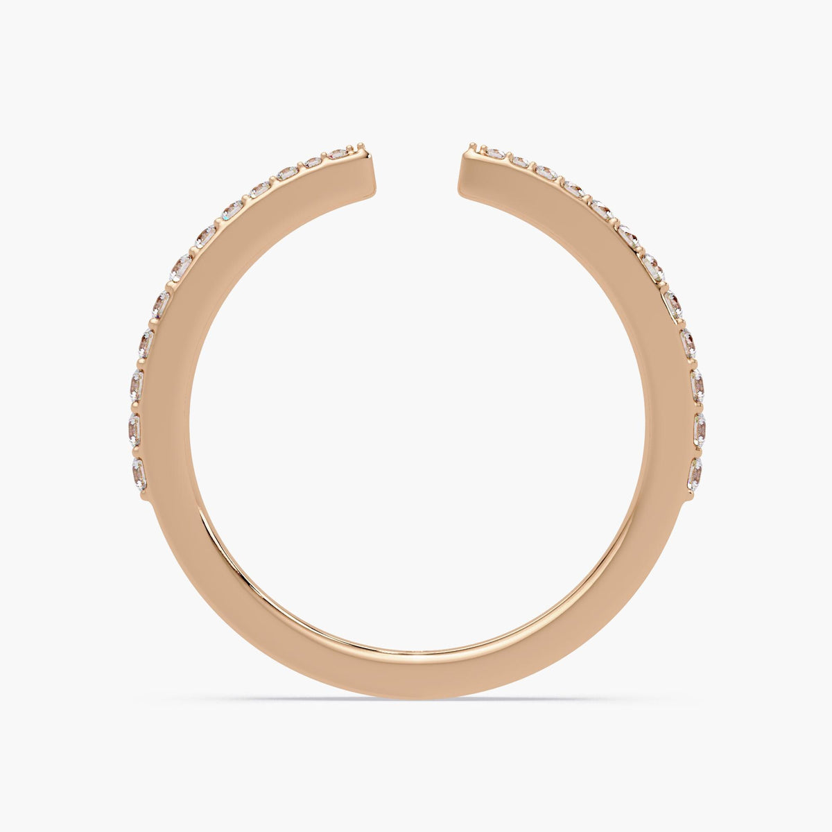 14K rose gold diamond open band ring shown from inside view, slim cuff silhouette with pavé-set natural round diamonds along the top edges, modern minimalist fine jewelry design crafted for stacking, everyday wear, or as a romantic anniversary gift.