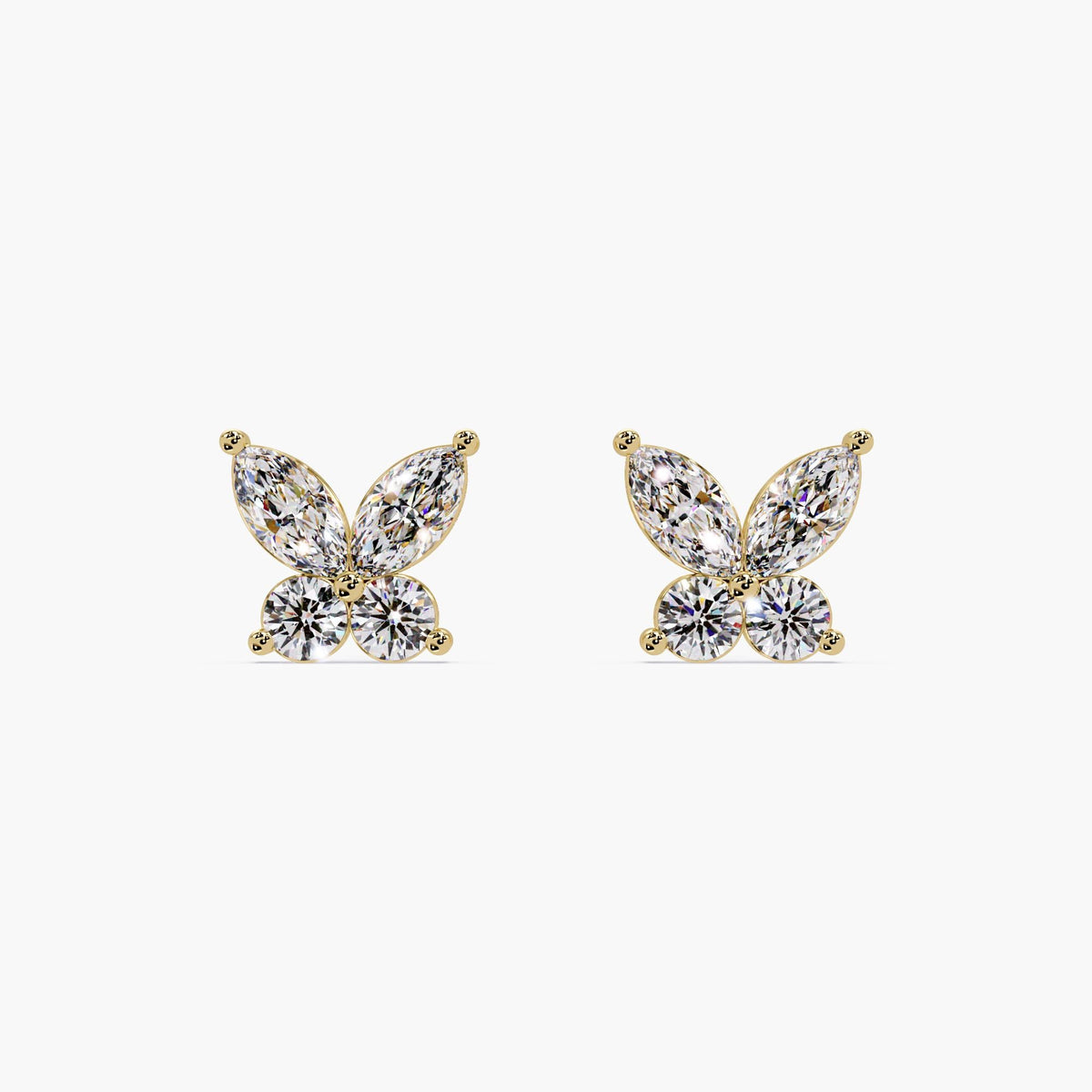 14K yellow gold butterfly earrings with lab-grown marquise and round diamonds, designed in a delicate floral silhouette for elegant gifting and everyday sparkle.