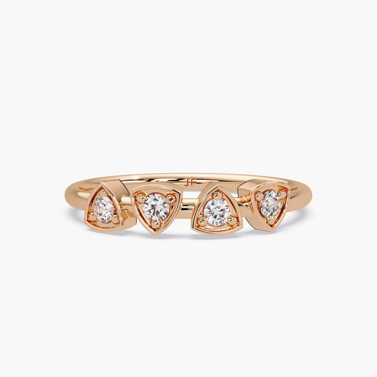 Four-stone diamond band in 14K rose gold with triangle bezels – sculptural stacking ring with bezel-set round diamonds