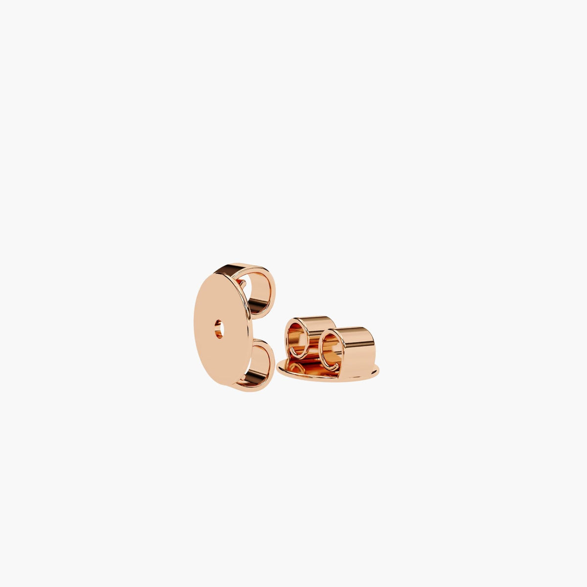 14K rose gold earring push-back clasps with a polished finish, designed for secure and comfortable wear of stud earrings.