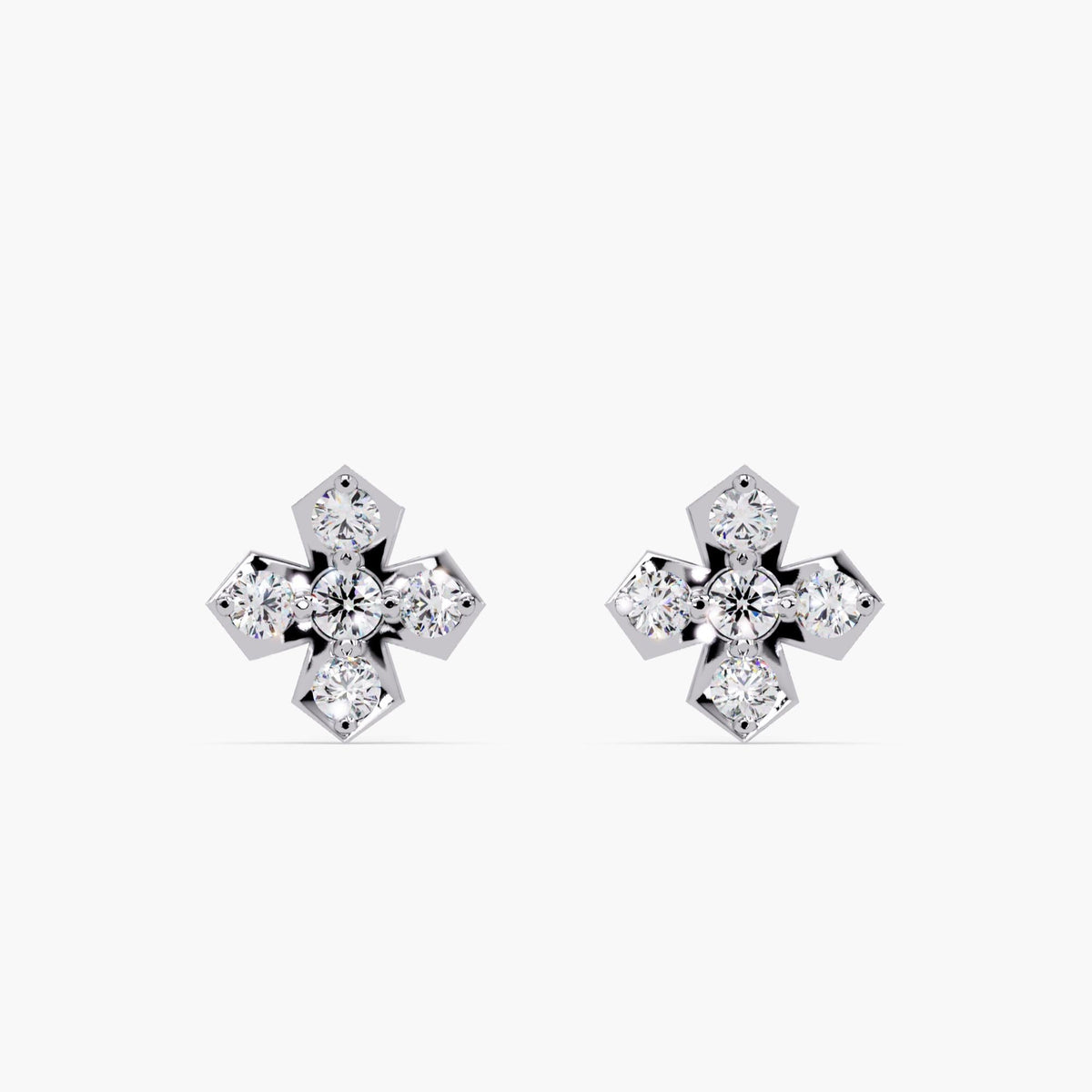 14K white gold cross shape stud earrings with 5 lab grown round pavé diamonds, dainty 6.5mm minimalist diamond studs for everyday wear or gifting.