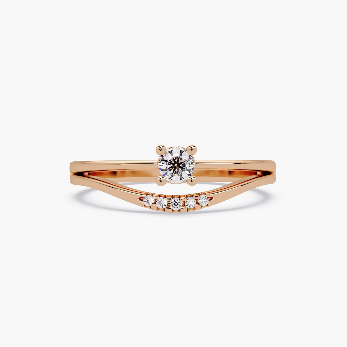 14K rose gold lab-grown diamond chevron ring with a 0.15 carat round solitaire in four prongs and five pavé accent diamonds, elegant dainty promise or stacking ring.