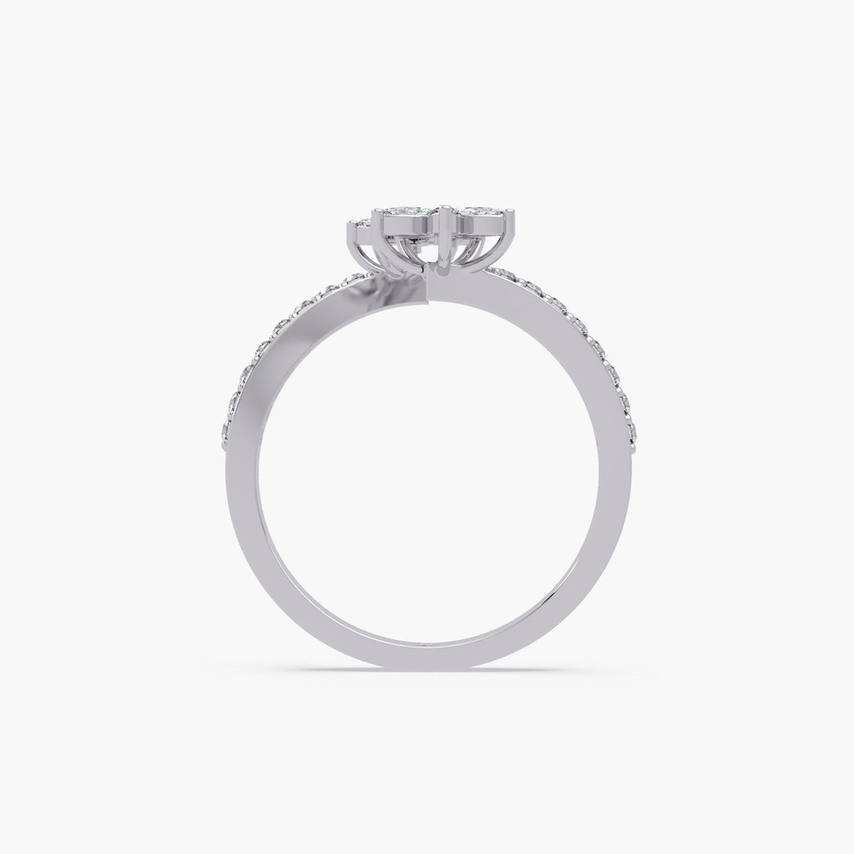 14K white gold floral diamond bypass ring, showing pavé-set band and raised settings for twin marquise flower clusters.