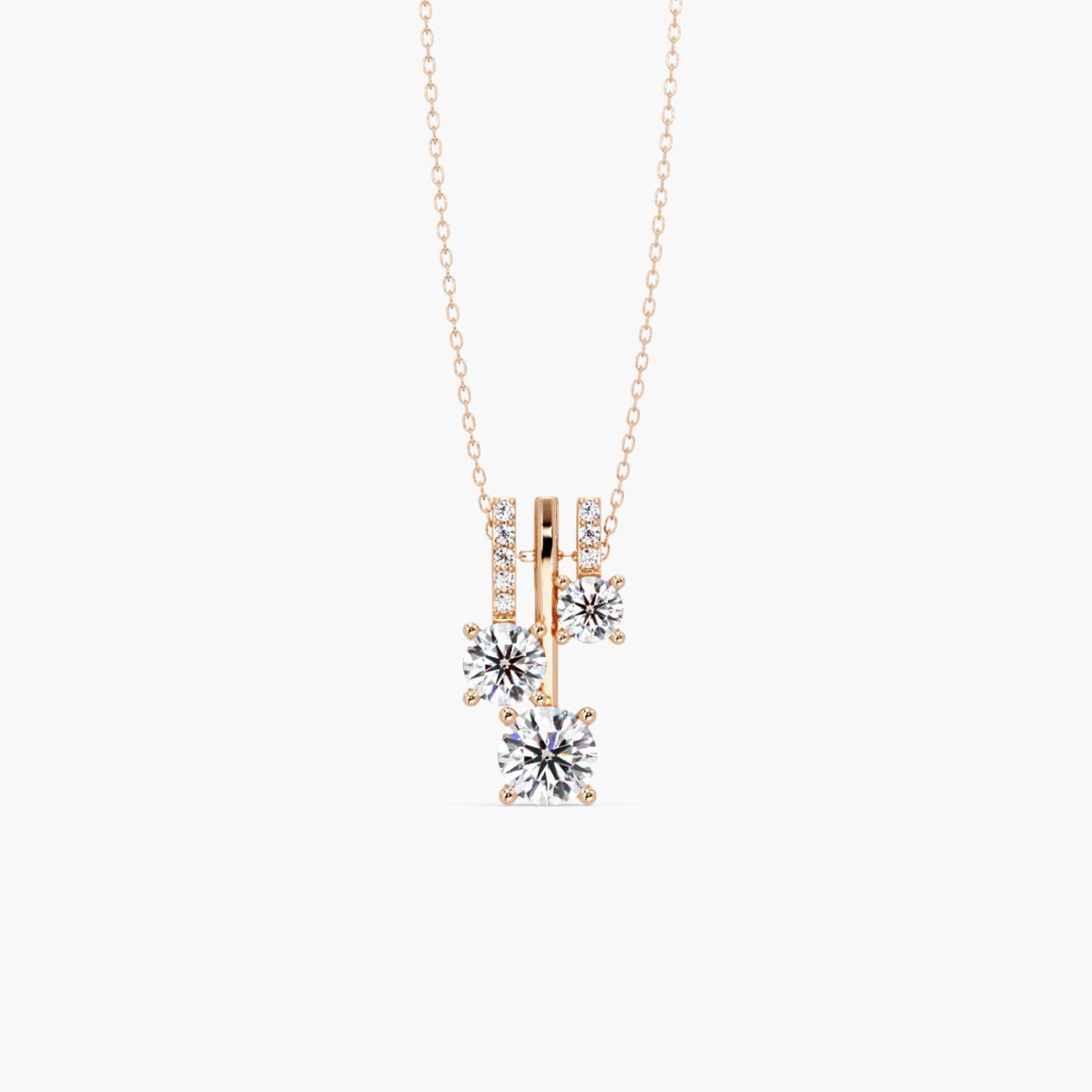 14K rose gold lab diamond pendant necklace with trio cluster drop design and pavé bar accents