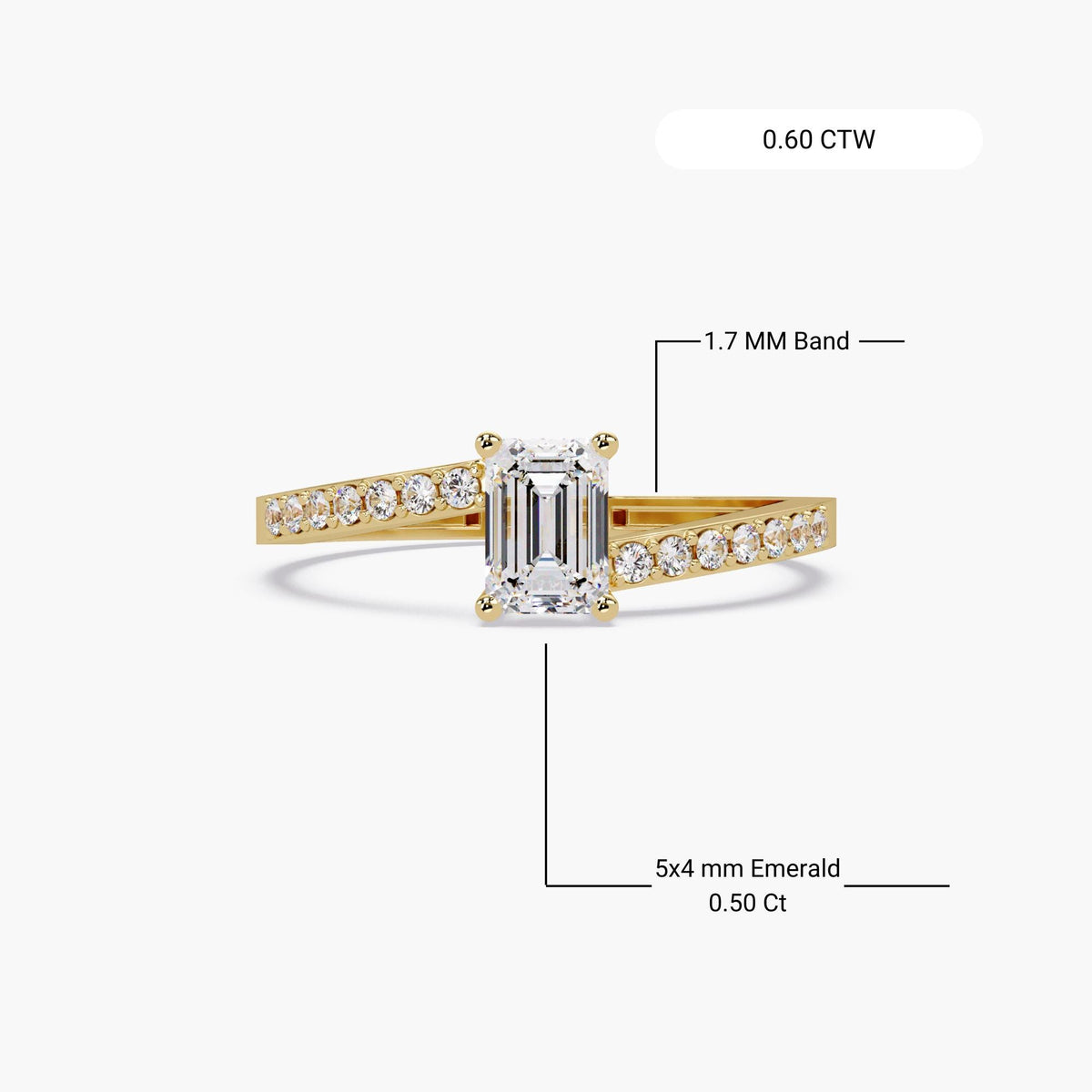 5x4 mm emerald cut diamond center 0.50 ct, 1.7 mm pavé band in 14K gold, total 0.60 ctw solitaire engagement ring.
