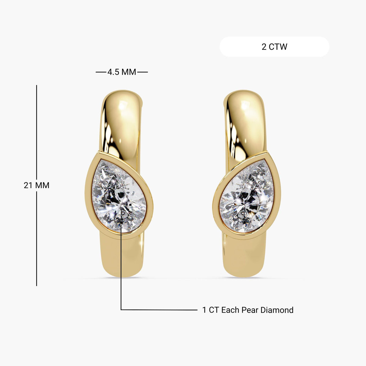 14K gold pear diamond hoop earrings, 2 carat total weight with 1 carat tilted pear cut diamonds each, 21mm tall hoops with 4.5mm width, bezel set design