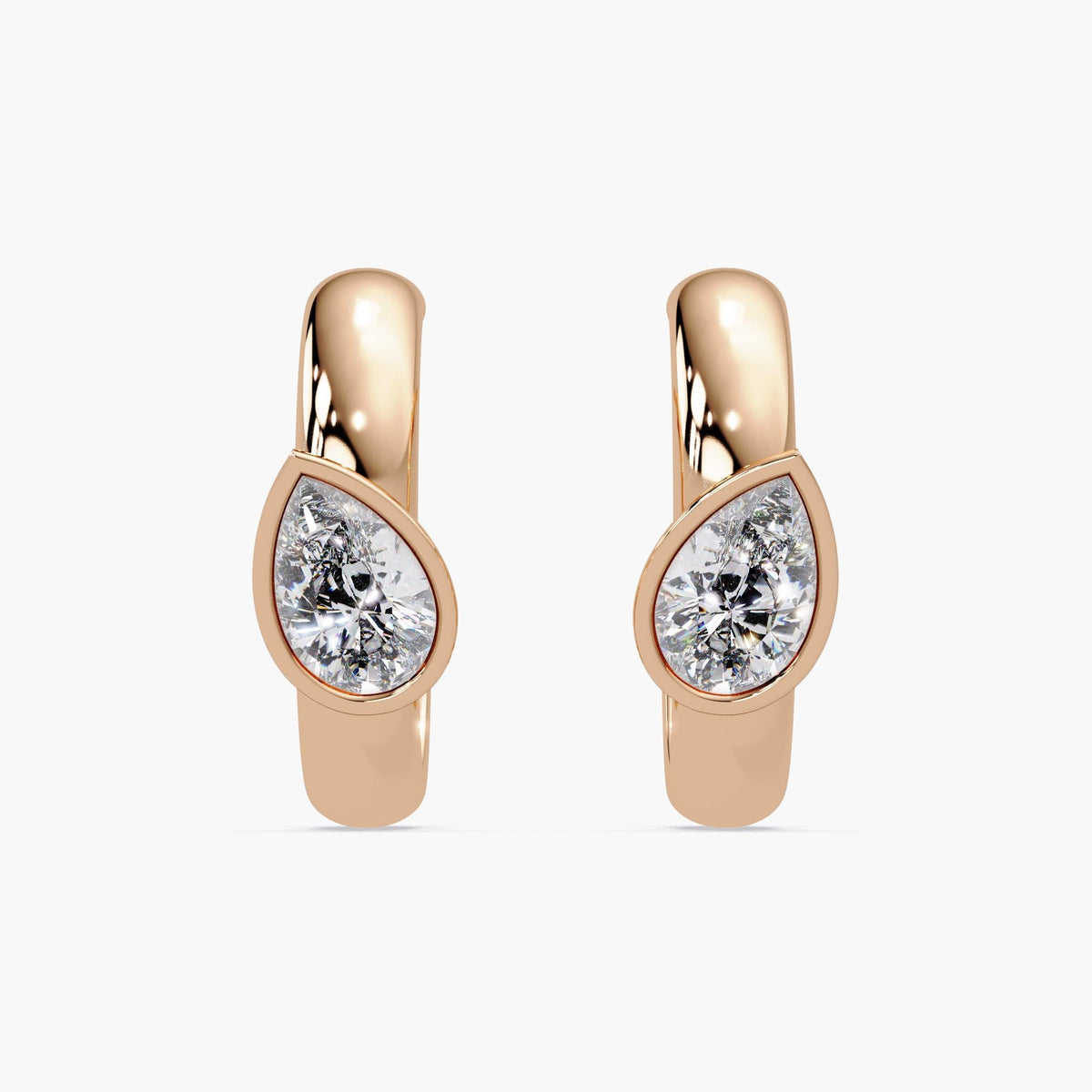 14K rose gold pear diamond hoop earrings, 2 carat total weight with bezel set tilted pear cut diamonds, modern statement hoops for women