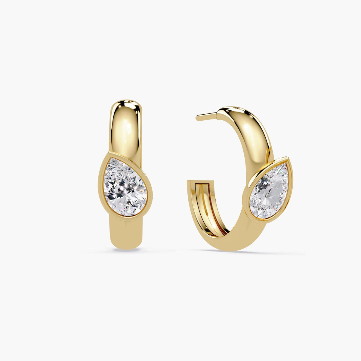 14K gold hoop earrings with bezel set pear diamond, 2 carat tilted pear design, modern statement hoops for women