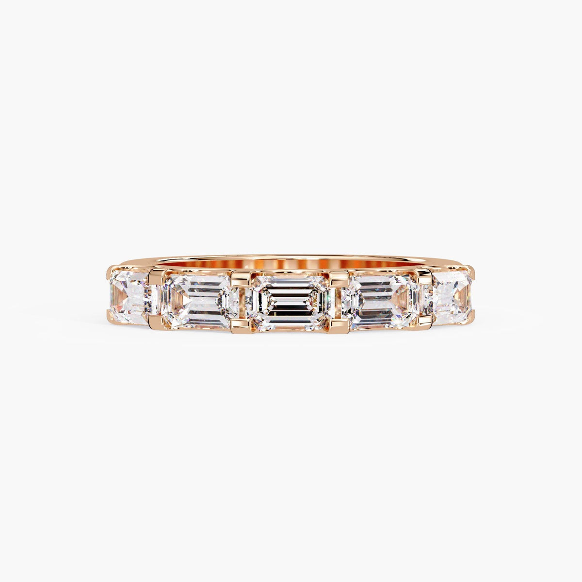 Five stone emerald cut lab diamond band in 14K rose gold, 1.5 carat total weight, 3.5mm wide wedding or anniversary ring.