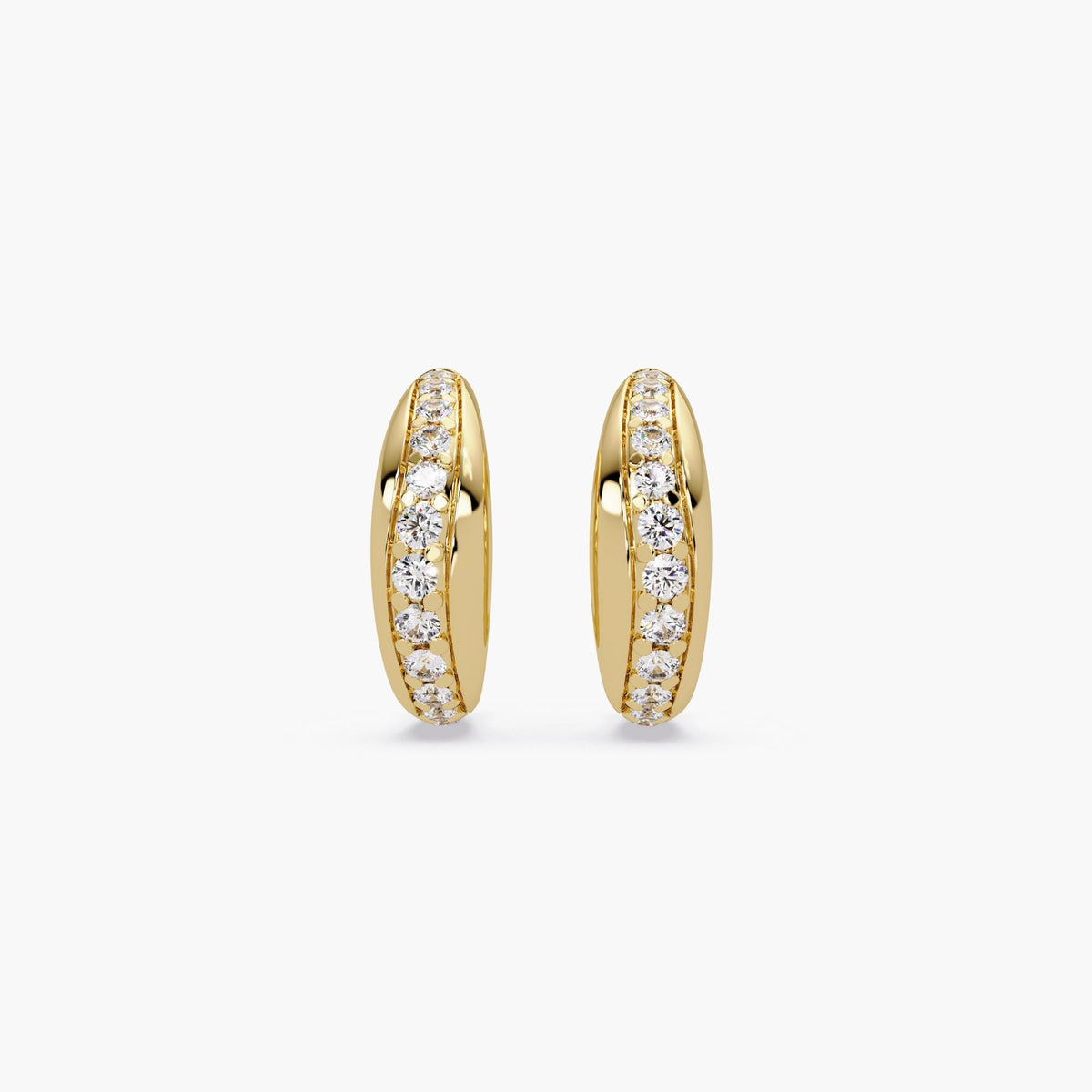14K yellow gold dome huggie earrings with natural round diamonds in a channel set design, chunky small hoop style with post back closure, fine jewelry gift for her, everyday gold hoops for work or special occasions.