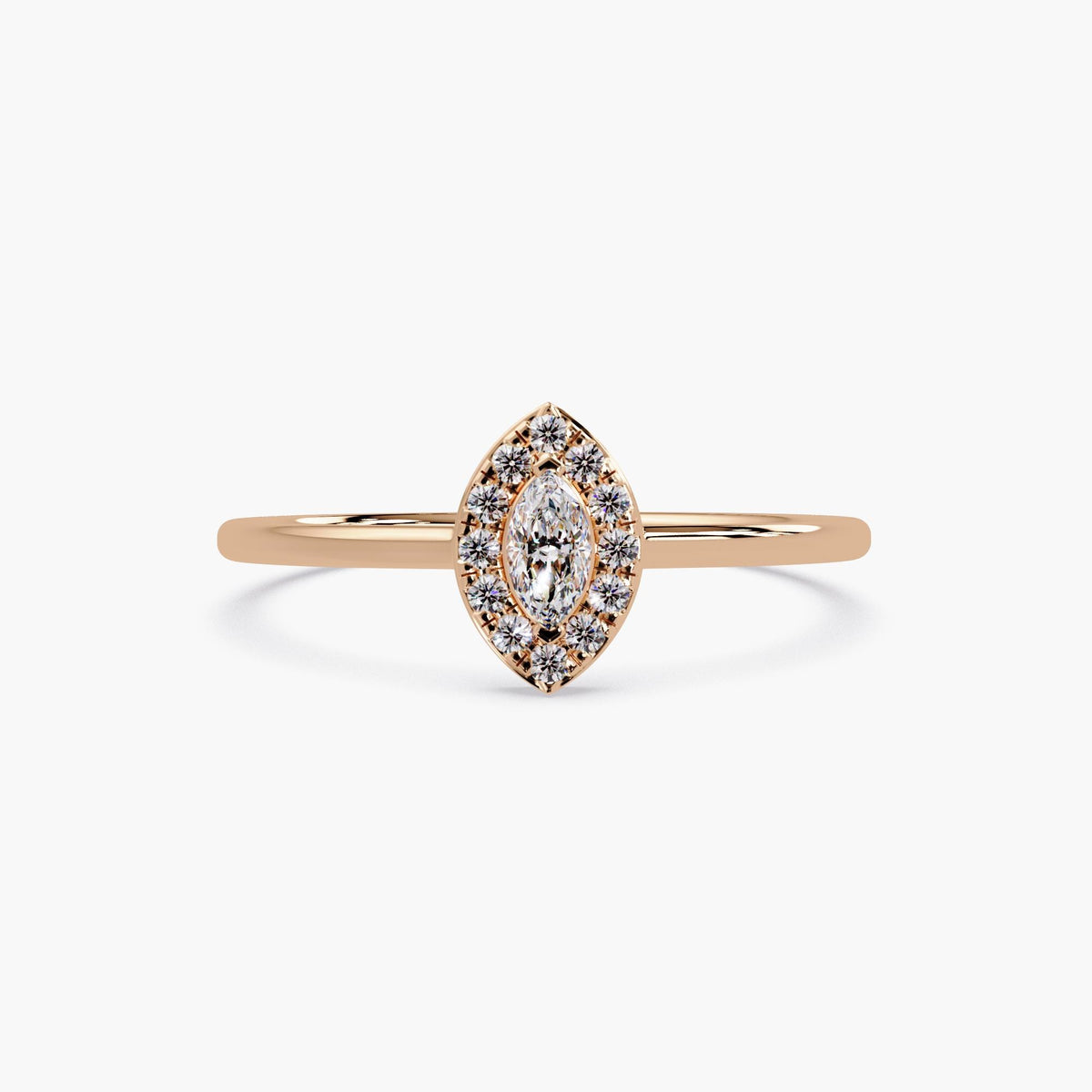 Navette-shaped marquise halo ring in 14K rose gold with lab-grown diamonds, dainty pinky or stacking ring for everyday wear