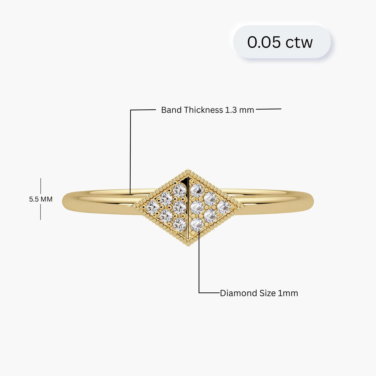 14K Solid Gold Geometric Diamond Ring: 0.05 Ctw Dainty Pave Band