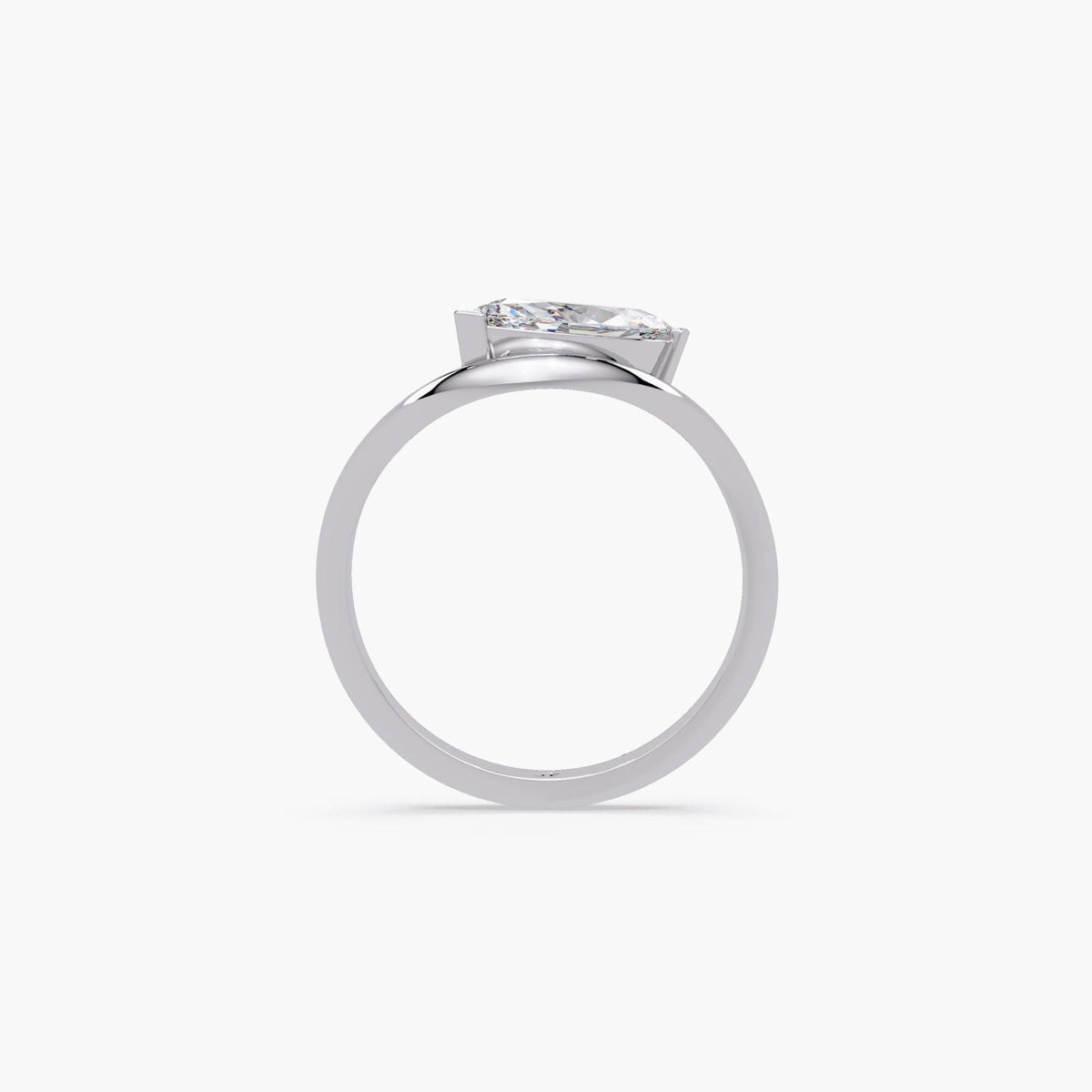 14K white gold ring featuring a 0.75 carat marquise-cut lab grown diamond in a modern bypass setting, showcasing a fluid east-west design with a high-polish finish.