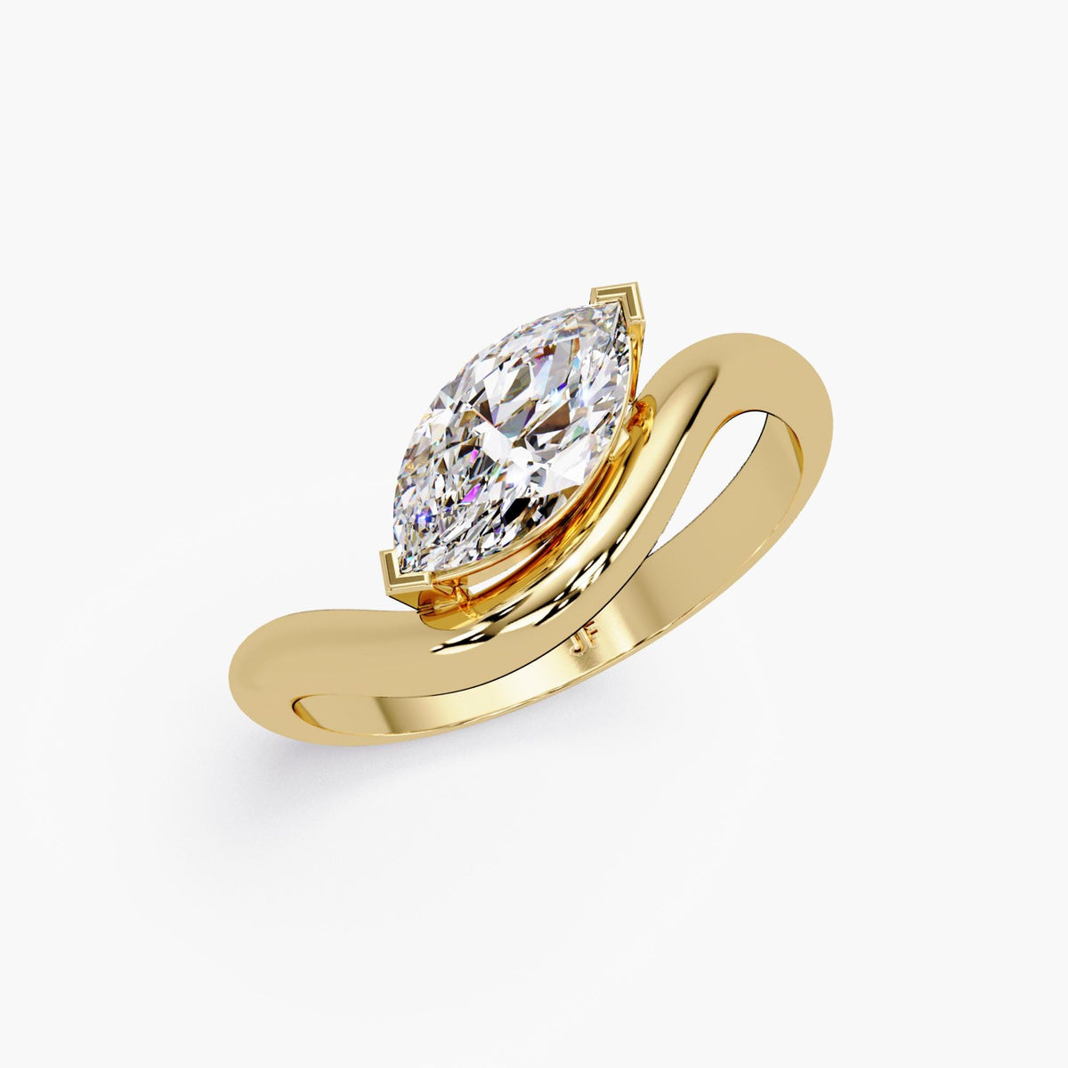 14K yellow gold ring featuring a 0.75 carat marquise-cut lab grown diamond in a modern bypass setting, showcasing a fluid east-west design with a high-polish finish.
