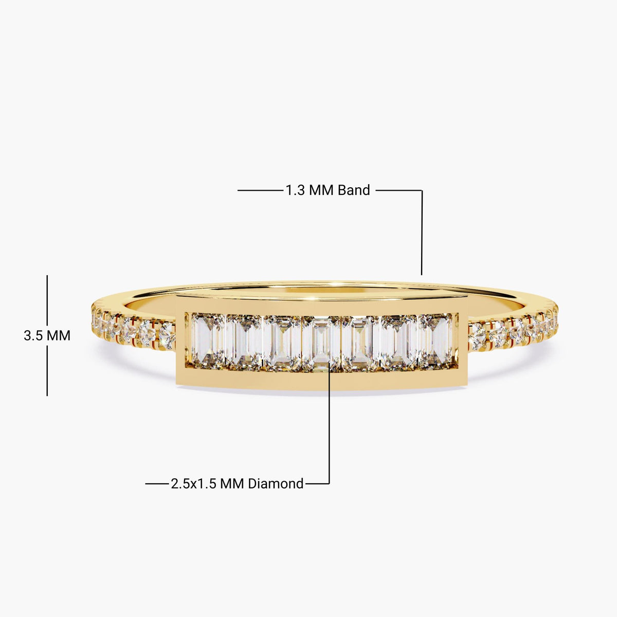 14K yellow gold ring featuring a horizontal bar channel-set with 2.5x1.5 mm baguette lab-grown diamonds. The ring’s band is 1.3 mm thick and pavé-set with round diamonds, with a total height of 3.5 mm from base to top of the bar. The bar has a sleek rectangular bezel design that frames the diamonds.