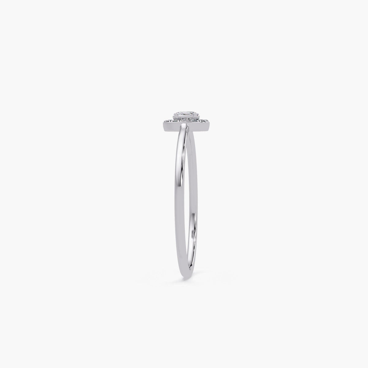 14K white gold oval halo lab diamond ring with slim band and low-profile setting for everyday wear
