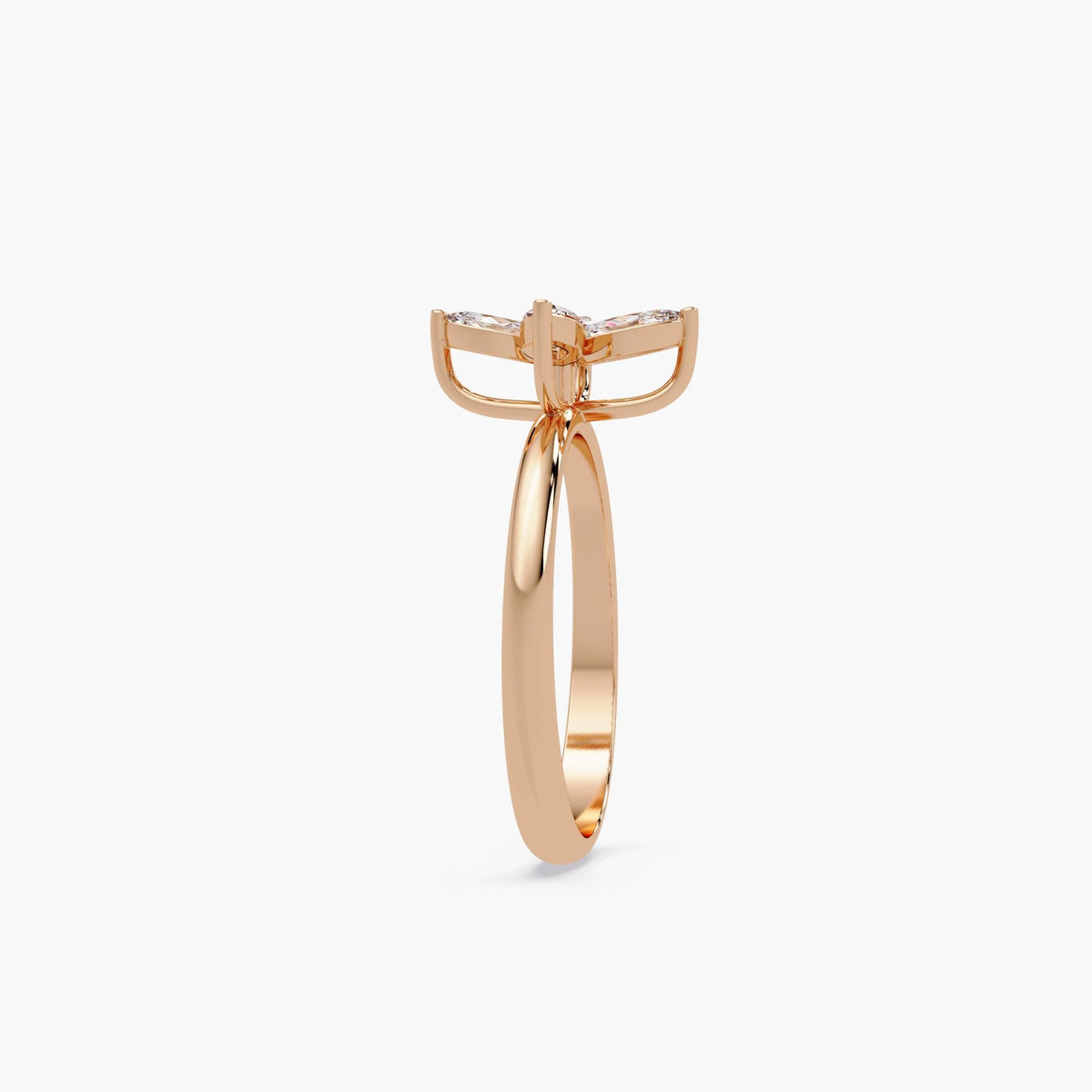 rose gold clover diamond ring showing open gallery setting and slim polished band