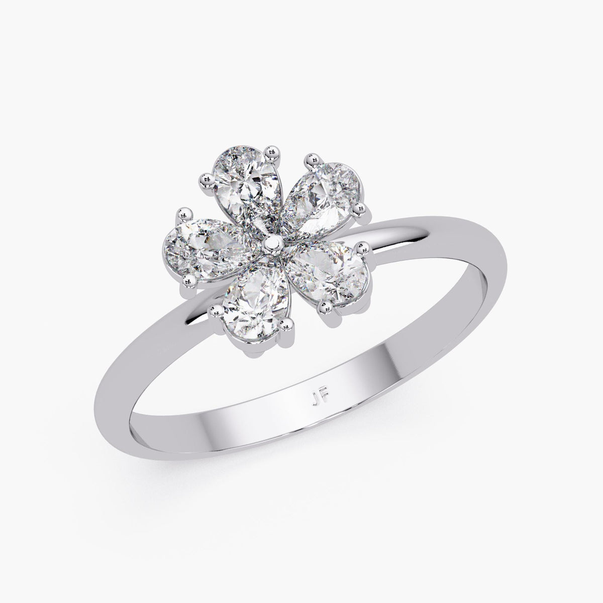 14K white gold flower ring with pear shaped diamonds in petal cluster, angled view showing sparkle and sculpted setting