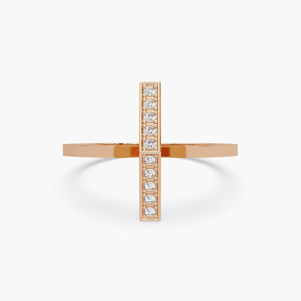 Front view of gold diamond bar ring with pavé diamonds.
