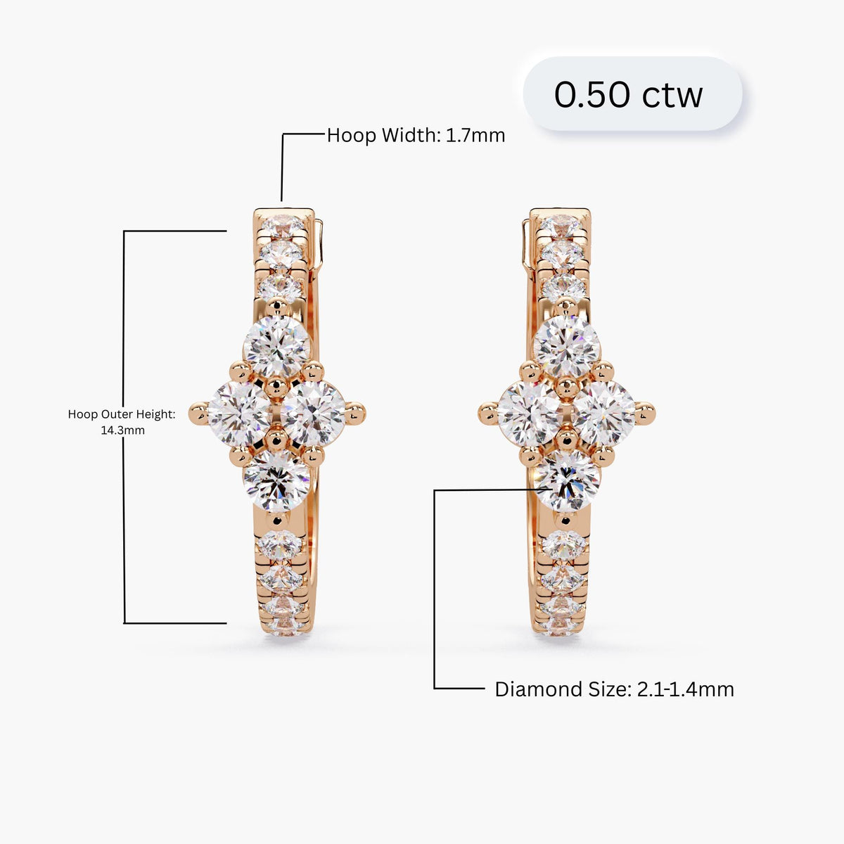 14K rose gold hoop earrings on a white background, featuring a floral or clover-shaped cluster of lab-grown diamonds at the front.