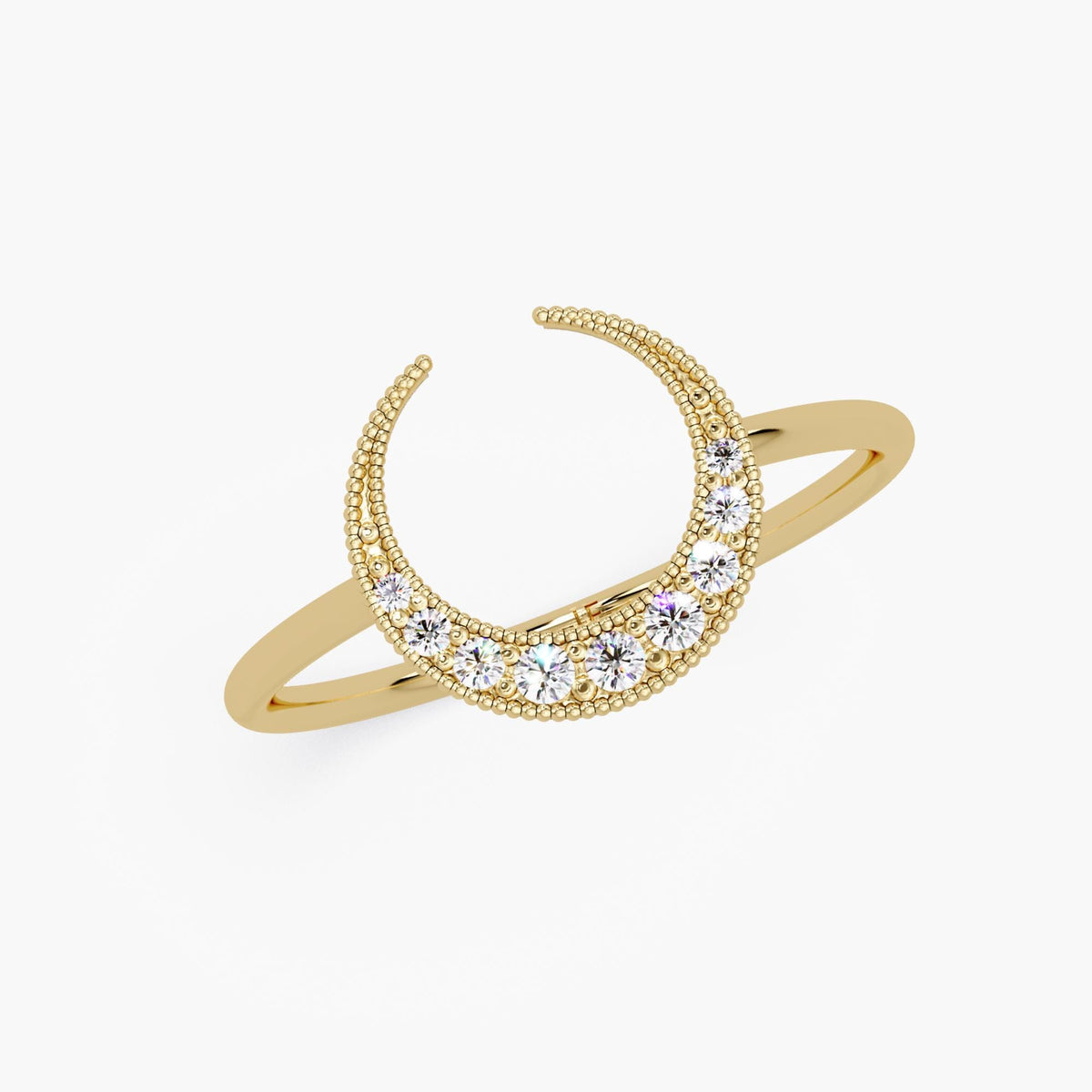 14K Gold Diamond Crescent Moon Ring: Celestial Statement Band