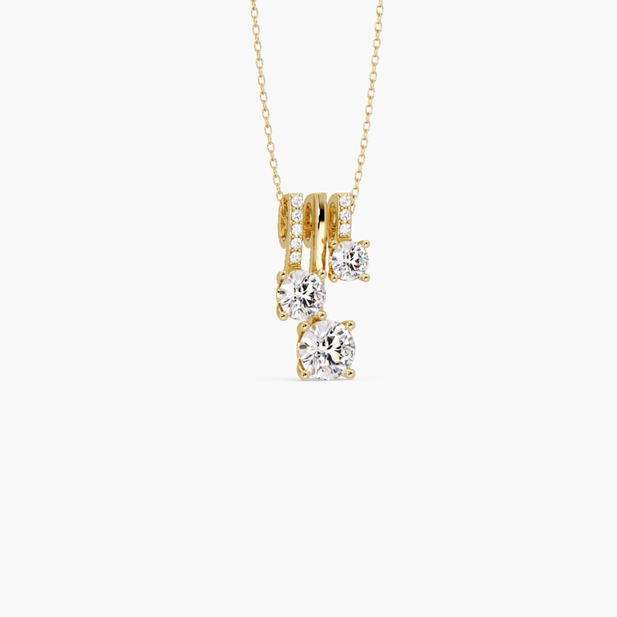 14K gold lab diamond pendant necklace with three round brilliant diamonds in a cluster drop charm and pavé bar accents
